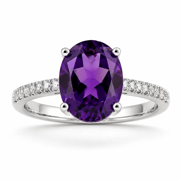 2.20 Ct Oval Purple Amethyst and Lab Diamond Prong Silver Pave Cocktail Ring by Fine Color Jewels