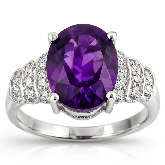 2.20 Ct Oval Purple Amethyst & Lab Diamond Prong Silver Bridge Ring by Fine Color Jewels