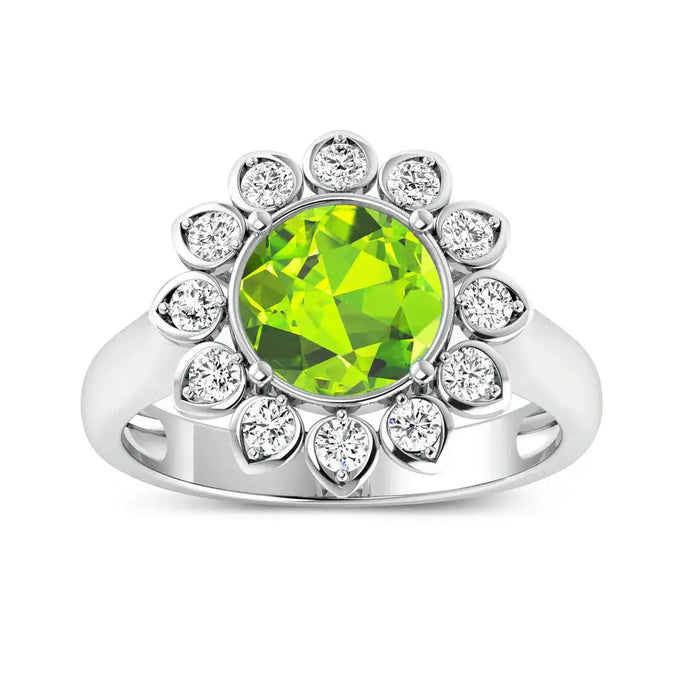 2.21 Ct Round Green Peridot and White Diamond Prong Silver Halo Floral Ring by Fine Color Jewels