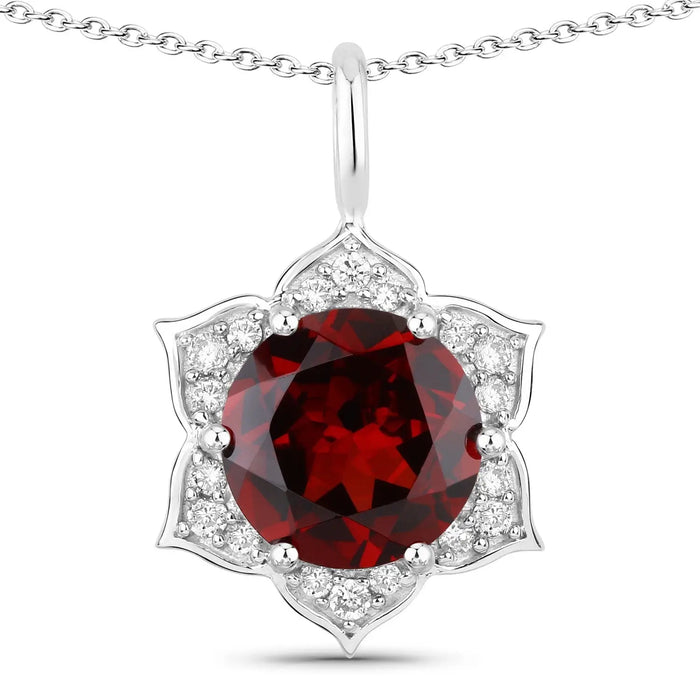 2.25 Ct round red Mozambique Garnet and Lab Diamond prong Silver flower pendant Necklace by Fine Color Jewels