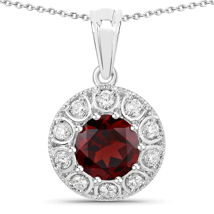 2.25 Ct round red Mozambique Garnet & Lab Diamond prong Silver Halo pendant Necklace by Fine Color Jewels