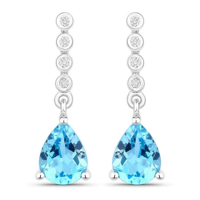 2.30 Ct Pear Swiss Blue Topaz & Lab Diamond Prong Silver Teardrop Dangle Earrings by Fine Color Jewels