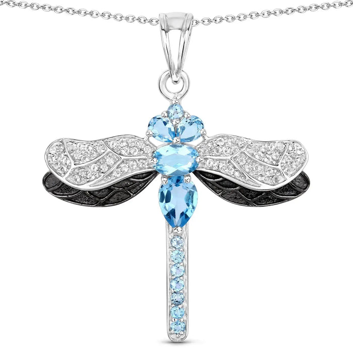 2.30 Ct Swiss Blue Topaz Prong Silver Dragonfly Pendant Cable Chain Necklace by Fine Color Jewels
