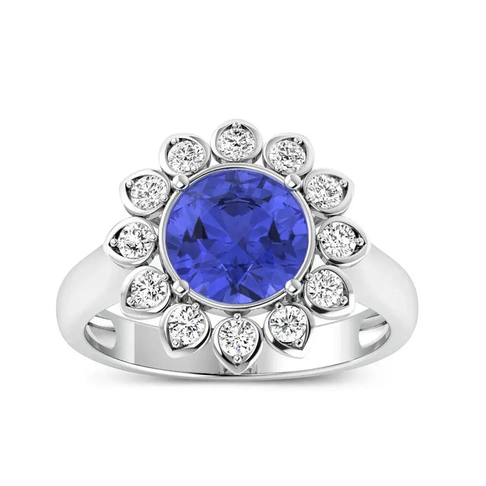 2.38 Ct Round Violet Tanzanite and White Diamond Prong 14k Gold Halo Statement Floral Ring by Fine Color Jewels