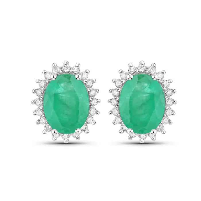 2.40 Ct Oval Green Zambian Emerald & Diamond Prong 10K Gold Halo Stud Earrings by Fine Color Jewels
