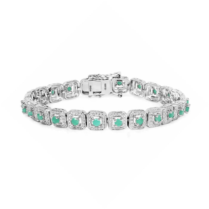 2.40 Ct Round Green Emerald Square Halo Sterling Silver Inline Tennis Bracelet by Fine Color Jewels