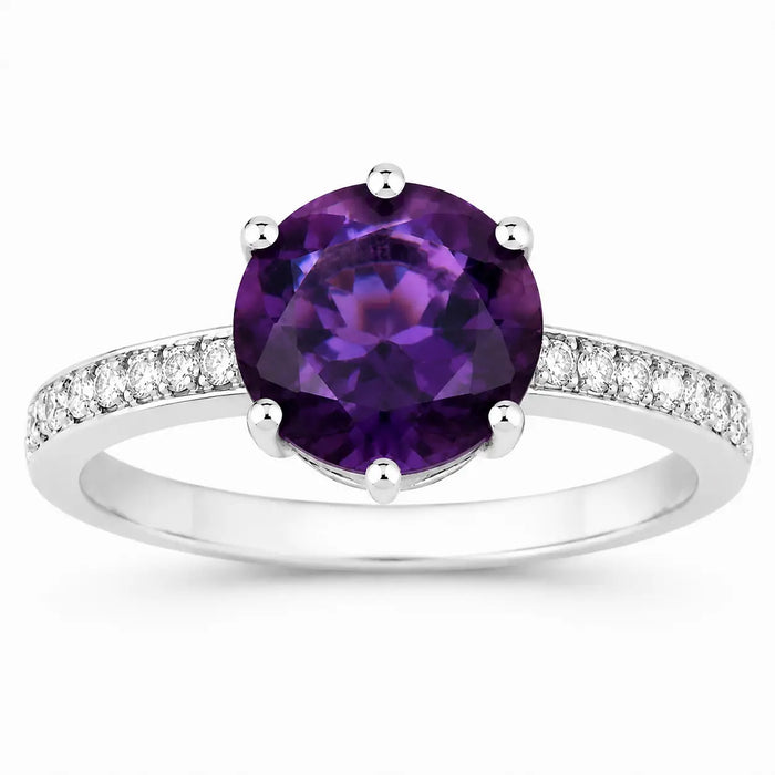 2.40 Ct Round Purple Amethyst and Lab Diamond Prong Silver Pave Bridge Ring by Fine Color Jewels