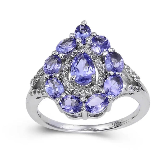 2.42 Ct Pear Blue Violet Tanzanite and White Topaz Prong Silver Teardrop Cocktail Ring by Fine Color Jewels