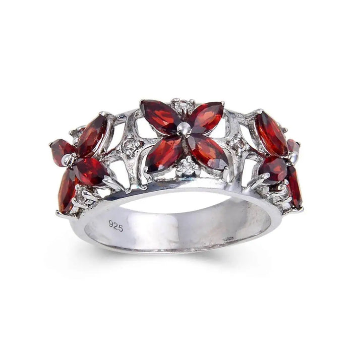 2.44 Ct Marquise Dark Red Garnet and White Topaz Prong Silver Flower Ring by Fine Color Jewels
