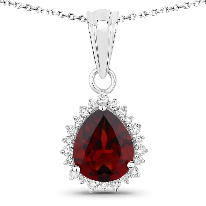 2.45 Ct Pear Red Mozambique Garnet & Lab Diamond Prong Silver Halo Teardrop Pendant Necklace by Fine Color Jewels