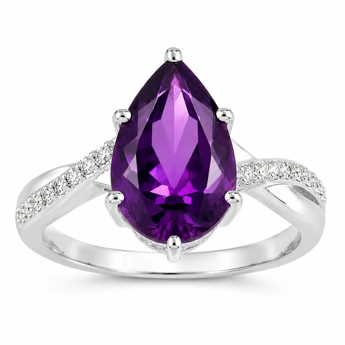 2.50 Ct Pear Purple Amethyst and Lab Diamond Prong Silver Pave Bypass Ring by Fine Color Jewels