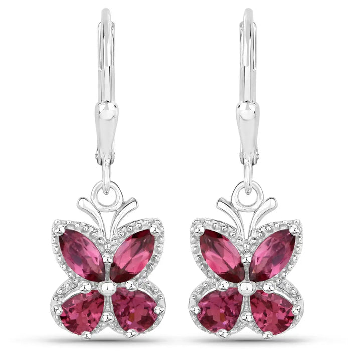 2.52 Ct Red Rhodolite Garnet Prong Silver Butterfly Leverback Earrings by Fine Color Jewels