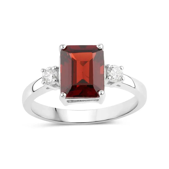2.55 Ct Octagon Red Garnet Lab Diamond Prong Silver Three Stone Ring by Fine Color Jewels