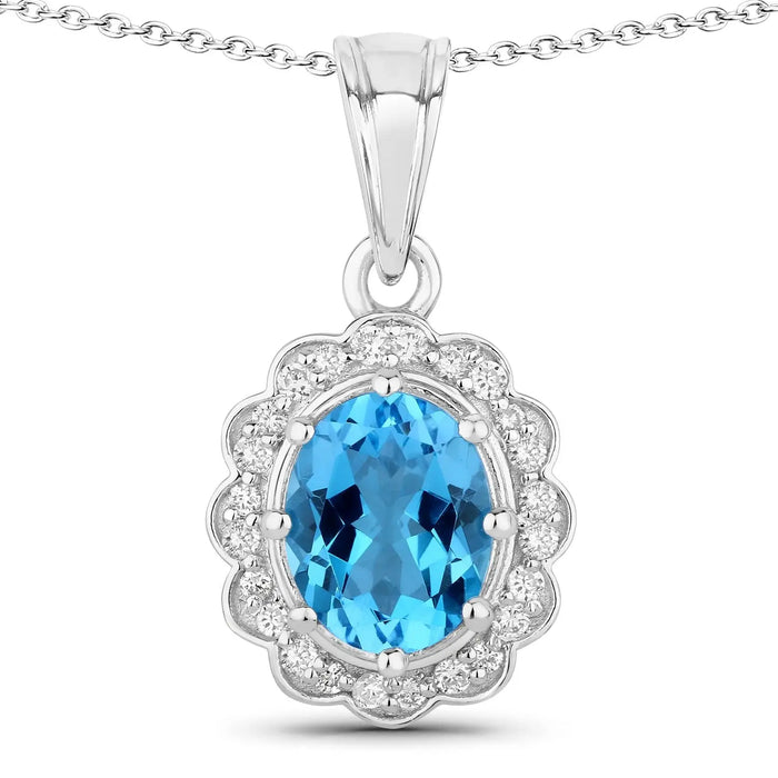 2.55 Ct Oval Swiss Blue Topaz & Lab Diamond Prong Silver Halo Floral Pendant Necklace by Fine Color Jewels