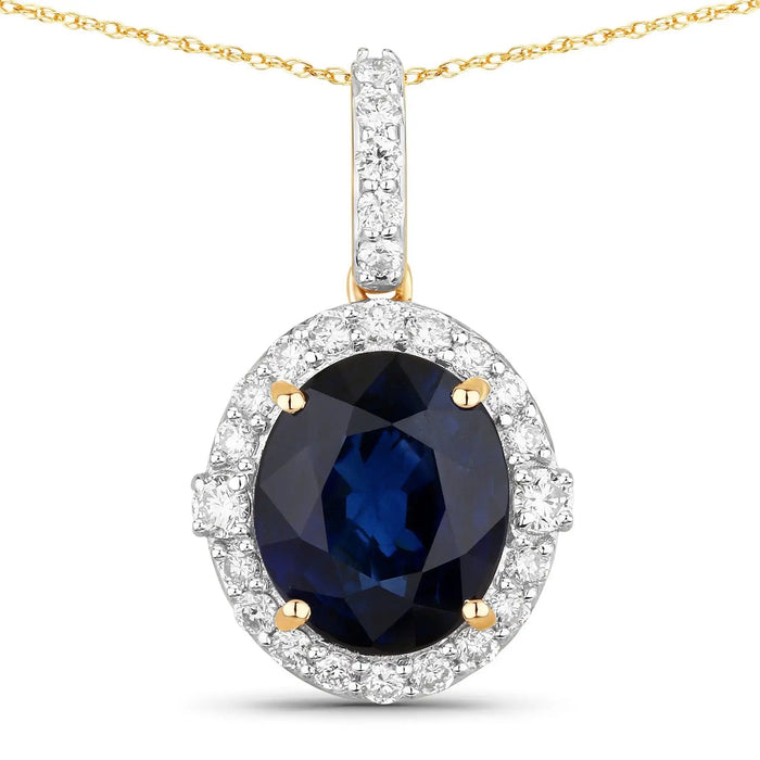 2.58 Ct Genuine Oval Ceylon Blue Sapphire and Diamond 18K Yellow Gold Halo Pendant by Fine Color Jewels