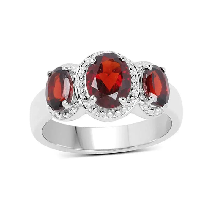 2.62 Ct Oval Red Garnet Prong Silver Halo Three Stone Ring by Fine Color Jewels