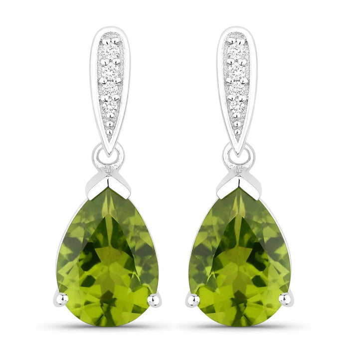 2.70 Ct Pear Green Peridot & Lab Diamond V-Prong Silver Teardrop Dangle Earrings by Fine Color Jewels