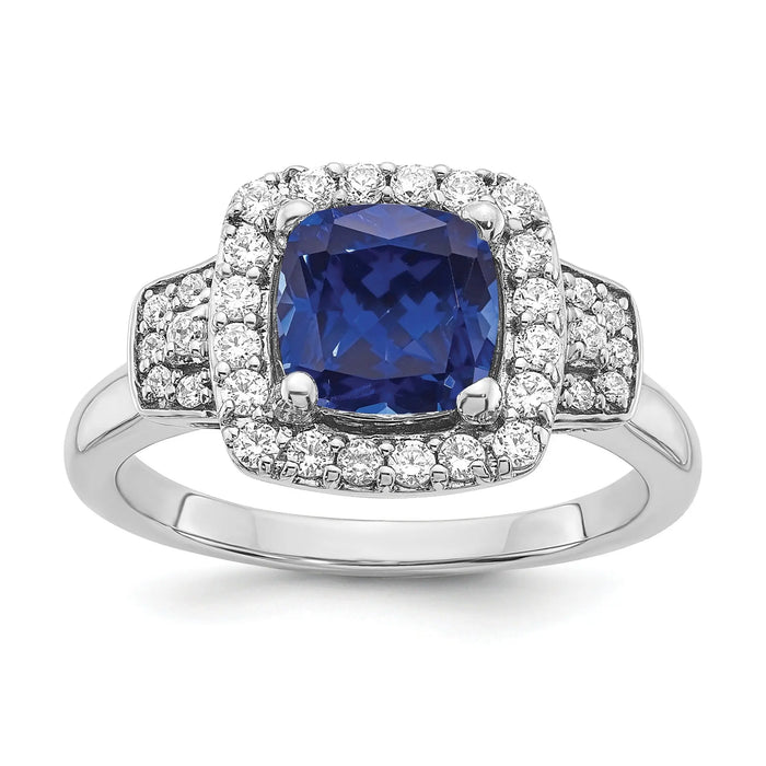 2 Ct Cushion Blue Created Sapphire & Lab Diamond Prong 10K White Gold Halo Ring by Fine Color Jewels