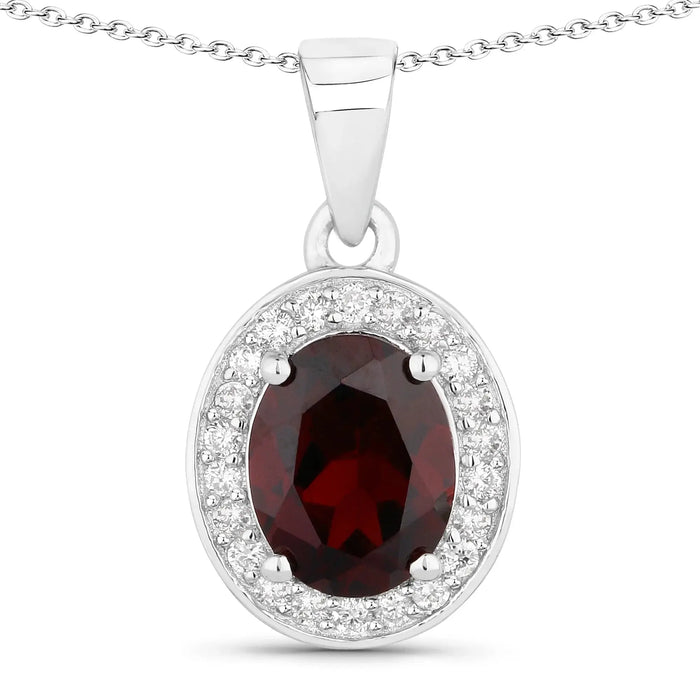 2 Ct Oval Red Garnet Lab Diamond Prong Silver Halo Pendant Necklace by Fine Color Jewels