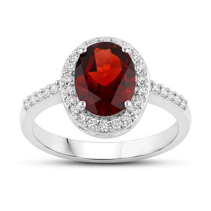 2 Ct Oval Red Mozambique Garnet and Lab Diamond Prong Silver Halo Pave Ring by Fine Color Jewels