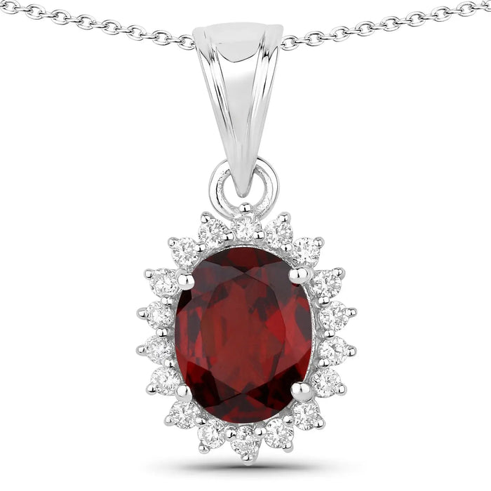 2 Ct Oval Red Mozambique Garnet & Lab Diamond Prong Silver Halo Pendant Necklace by Fine Color Jewels