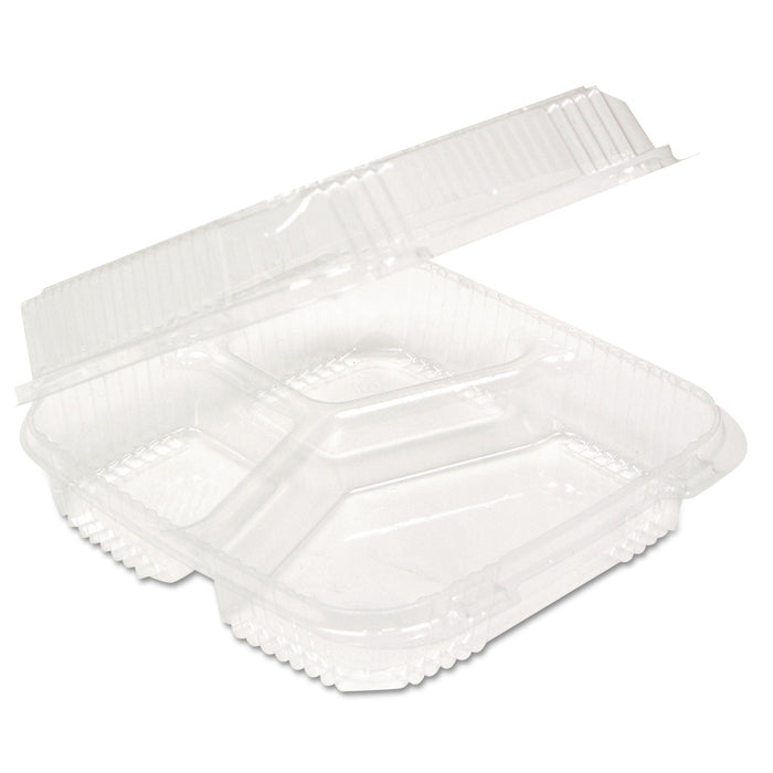 Pactiv Evergreen ClearView SmartLock Hinged Lid Container, 3-Compartment, 5 oz/14 oz, 8.2 x 8.34 x 2,91, Clear, Plastic, 200/Carton