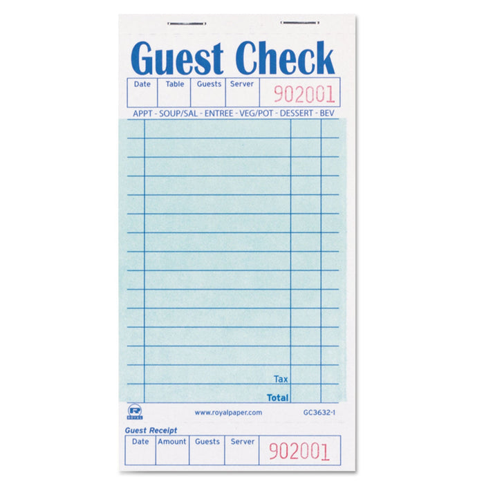 AmerCareRoyal Guest Check Book, 3.5 x 6.7, 1/Page, 50/Book, 50 Books/Carton