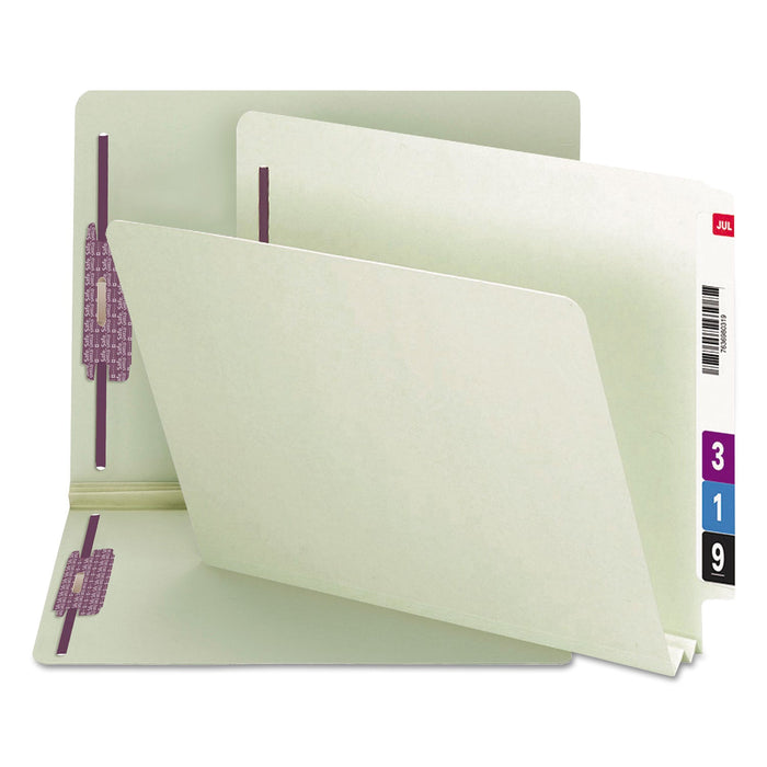 Smead End Tab Pressboard Classification Folders with Two SafeSHIELD Coated Fasteners, 2" Expansion, Letter Size, Gray-Green, 25/Box