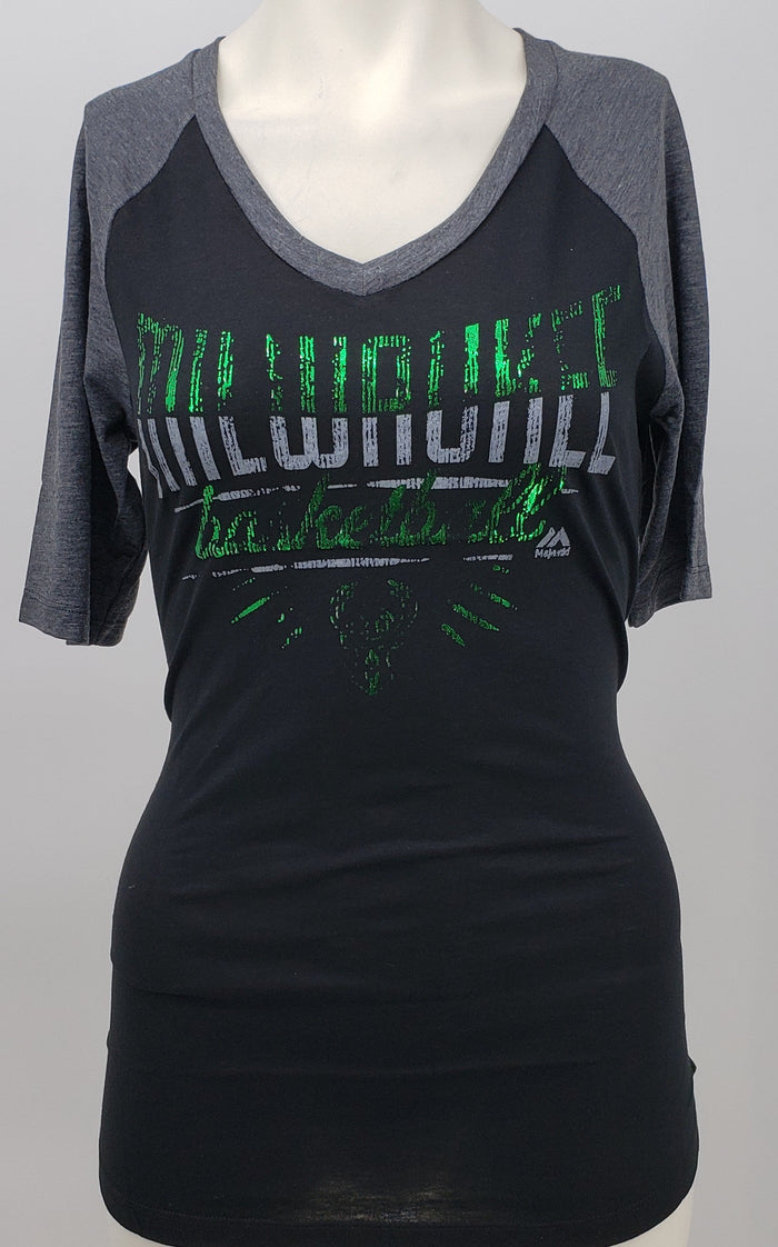NBA Milwaukee Bucks Womens On The Mark 1/2 Sleeve V-Neck Tee, Medium by Vanessa Jane