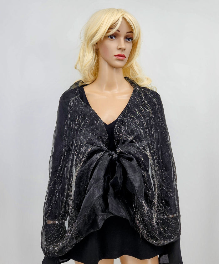 Womens Organza Fringe Black Metallic Scarf by Vanessa Jane