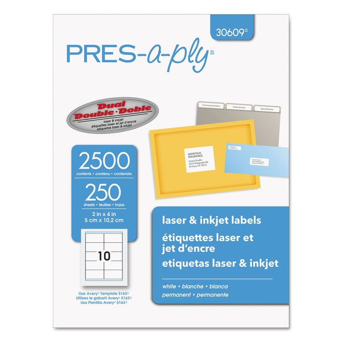 PRES-a-ply Labels, Laser Printers, 2 x 4, White, 10/Sheet, 250 Sheets/Box