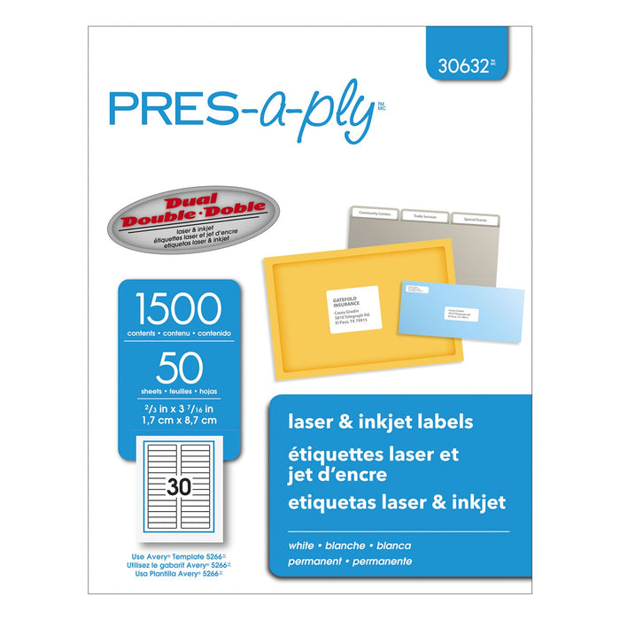 PRES-a-ply Labels, 0.66 x 3.44, White, 30/Sheet, 50 Sheets/Box