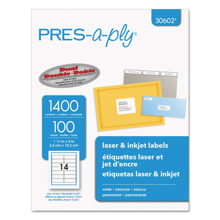 PRES-a-ply Labels, Laser Printers, 1.33 x 4, White, 14/Sheet, 100 Sheets/Box