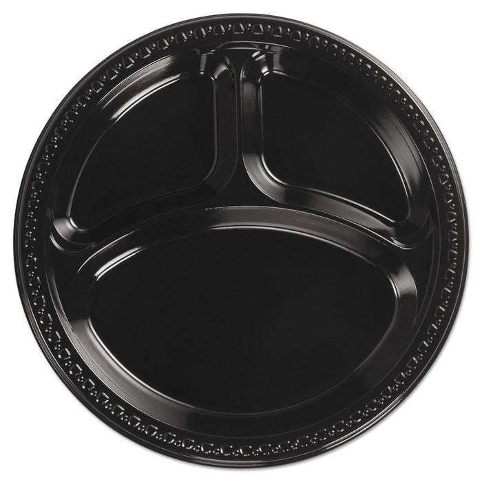 Chinet Heavyweight Plastic 3-Compartment Plates, 10.25" dia, Black, 125/Pack 4 Packs/Carton