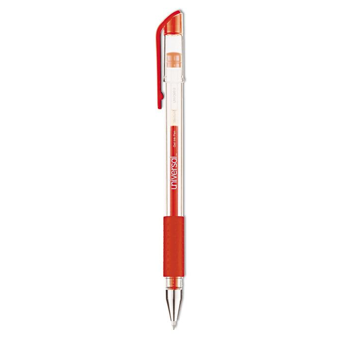 Universal Comfort Grip Gel Pen, Stick, Medium 0.7 mm, Red Ink, Clear Barrel, Dozen