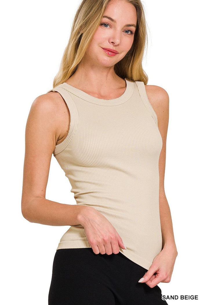 2 Way Neckline Seamless Ribbed Tank Top: Sand Beige by Boutique 23