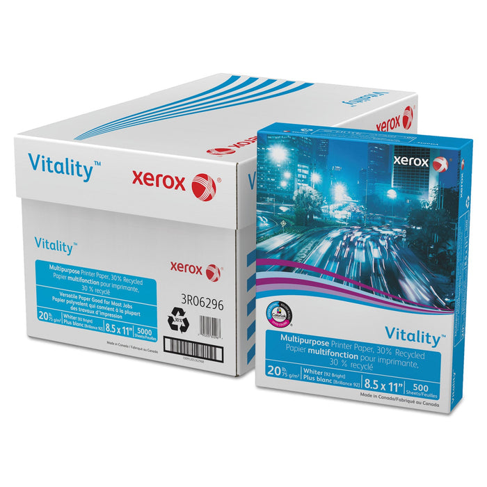 xerox Vitality 30% Recycled Multipurpose Paper, 92 Bright, 20 lb Bond Weight, 8.5 x 11, White, 500/Ream