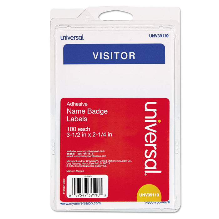 Universal "Visitor" Self-Adhesive Name Badges, 3 1/2 x 2 1/4, White/Blue, 100/Pack