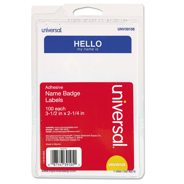 Universal "Hello" Self-Adhesive Name Badges, 3 1/2 x 2 1/4, White/Blue, 100/Pack