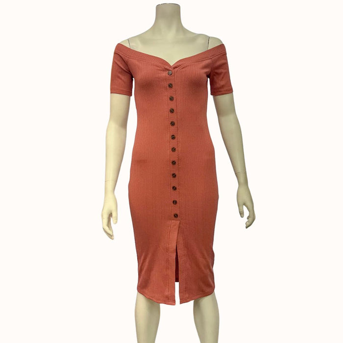 Lulus Brittnie Rusty Rose Ribbed Off-The-Shoulder Midi Dress, Size Small by Vanessa Jane