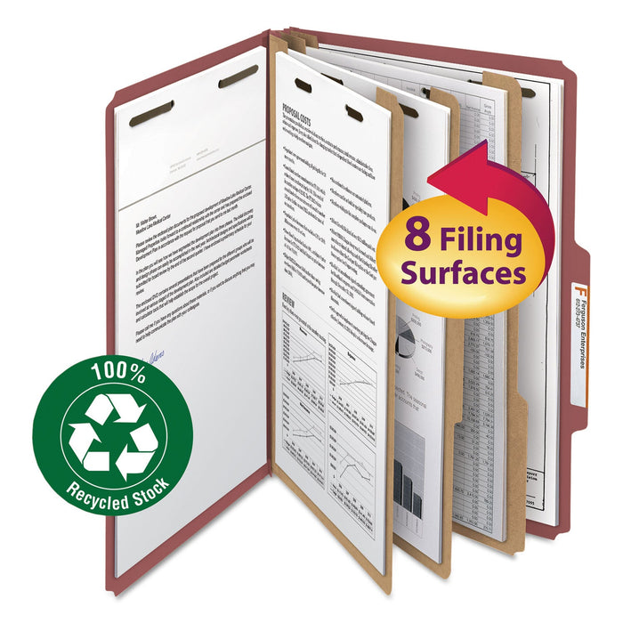 Smead 100% Recycled Pressboard Classification Folders, 3 Dividers, Legal Size, Red, 10/Box