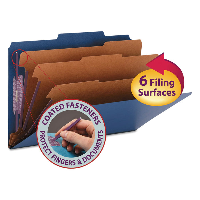 Smead Eight-Section Pressboard Top Tab Classification Folders with SafeSHIELD Fasteners, 3 Dividers, Legal Size, Dark Blue, 10/Box
