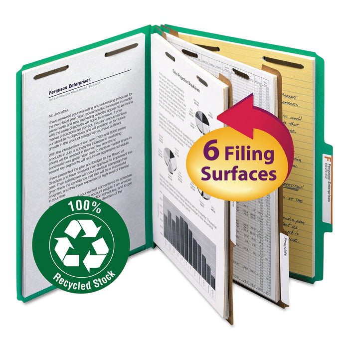Smead 100% Recycled Pressboard Classification Folders, 2 Dividers, Letter Size, Green, 10/Box