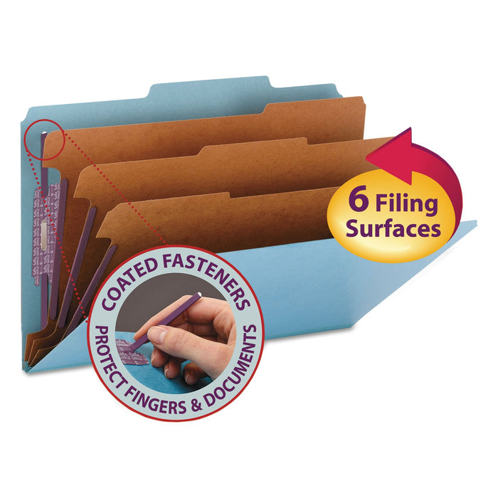 Smead Eight-Section Pressboard Top Tab Classification Folders with SafeSHIELD Fasteners, 3 Dividers, Legal Size, Blue, 10/Box