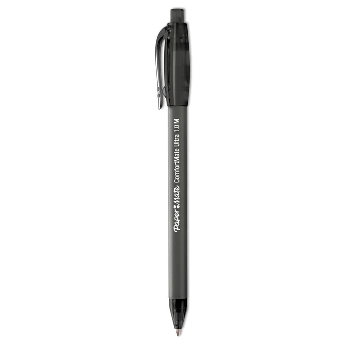 Paper Mate ComfortMate Ultra Ballpoint Pen, Retractable, Medium 1 mm, Black Ink, Black Barrel, Dozen