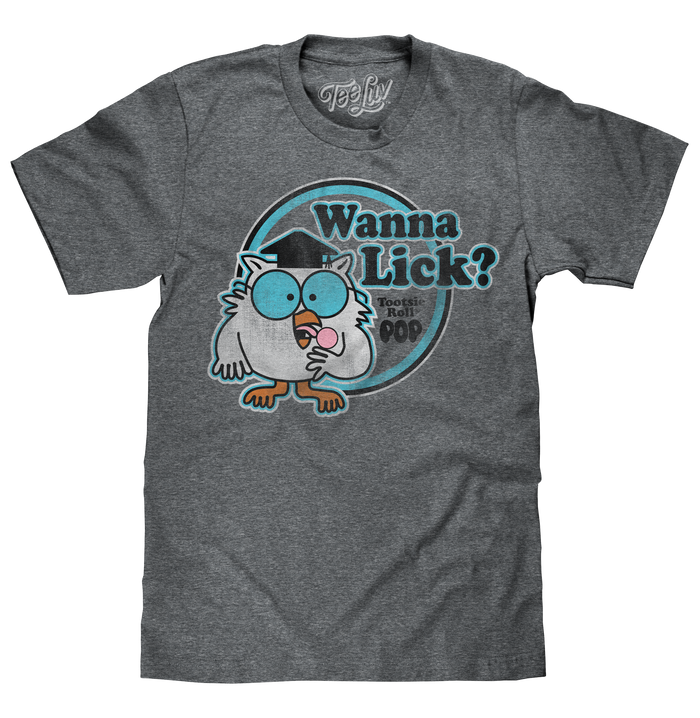 Tootsie Roll Pop Mr. Owl Wanna Lick? T-Shirt - Gray by Tee Luv