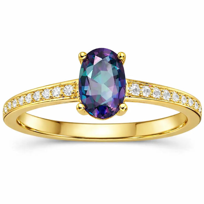 22k Yellow Gold Vermeil Gold Oval Alexandrite Pave Solitaire Ring by Fine Color Jewels