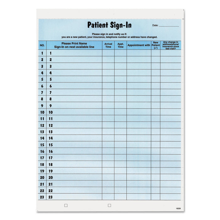 Tabbies Patient Sign-In Label Forms, Two-Part Carbon, 8.5 x 11.63, Blue, 1/Page, 125 Forms