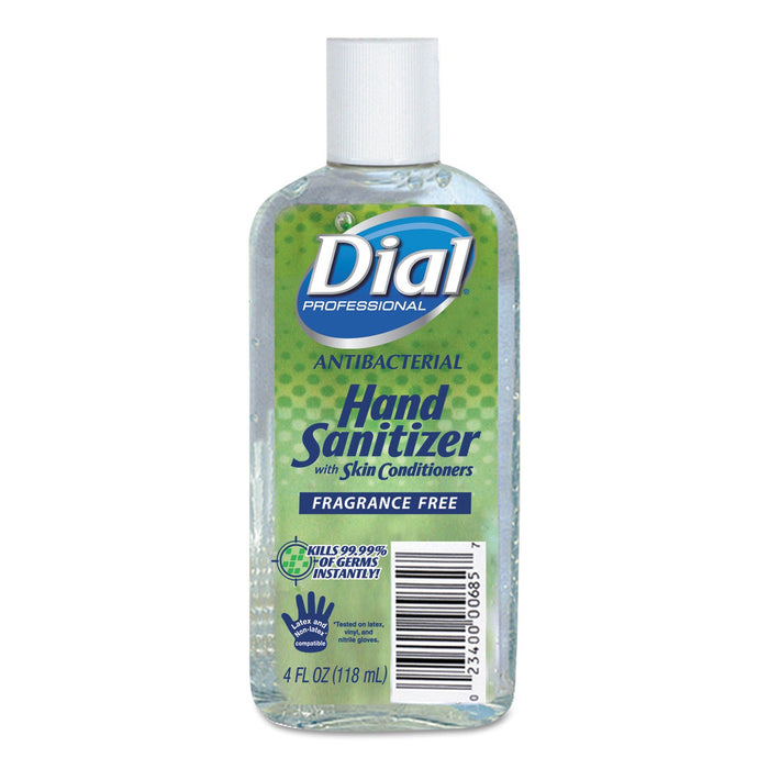 Dial Antibacterial with Moisturizers Gel Hand Sanitizer, 4 oz Flip-Top Bottle, Fragrance-Free, 24/Carton