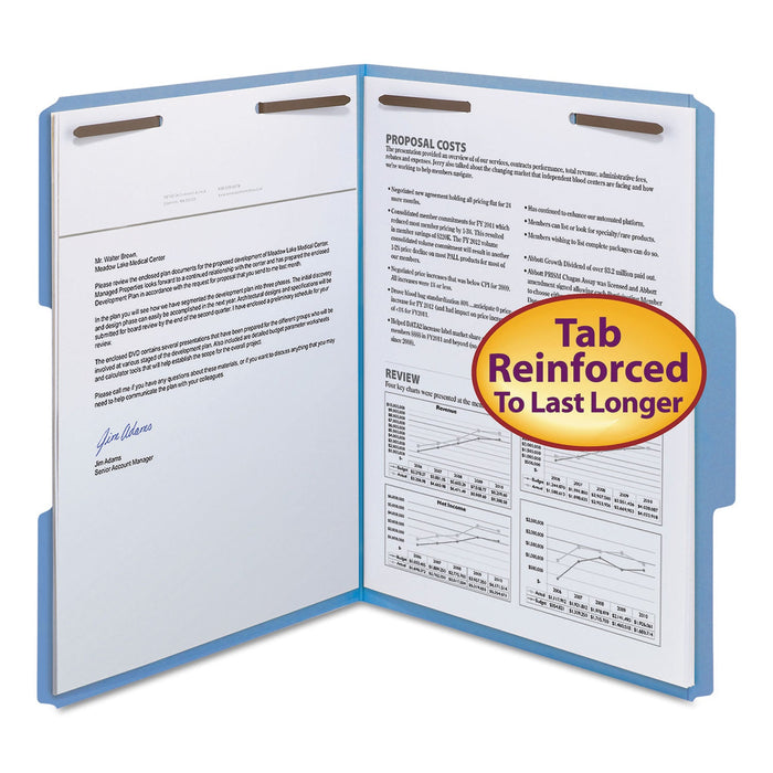 Smead WaterShed CutLess Reinforced Top Tab Fastener Folders, 2 Fasteners, Letter Size, Blue Exterior, 50/Box
